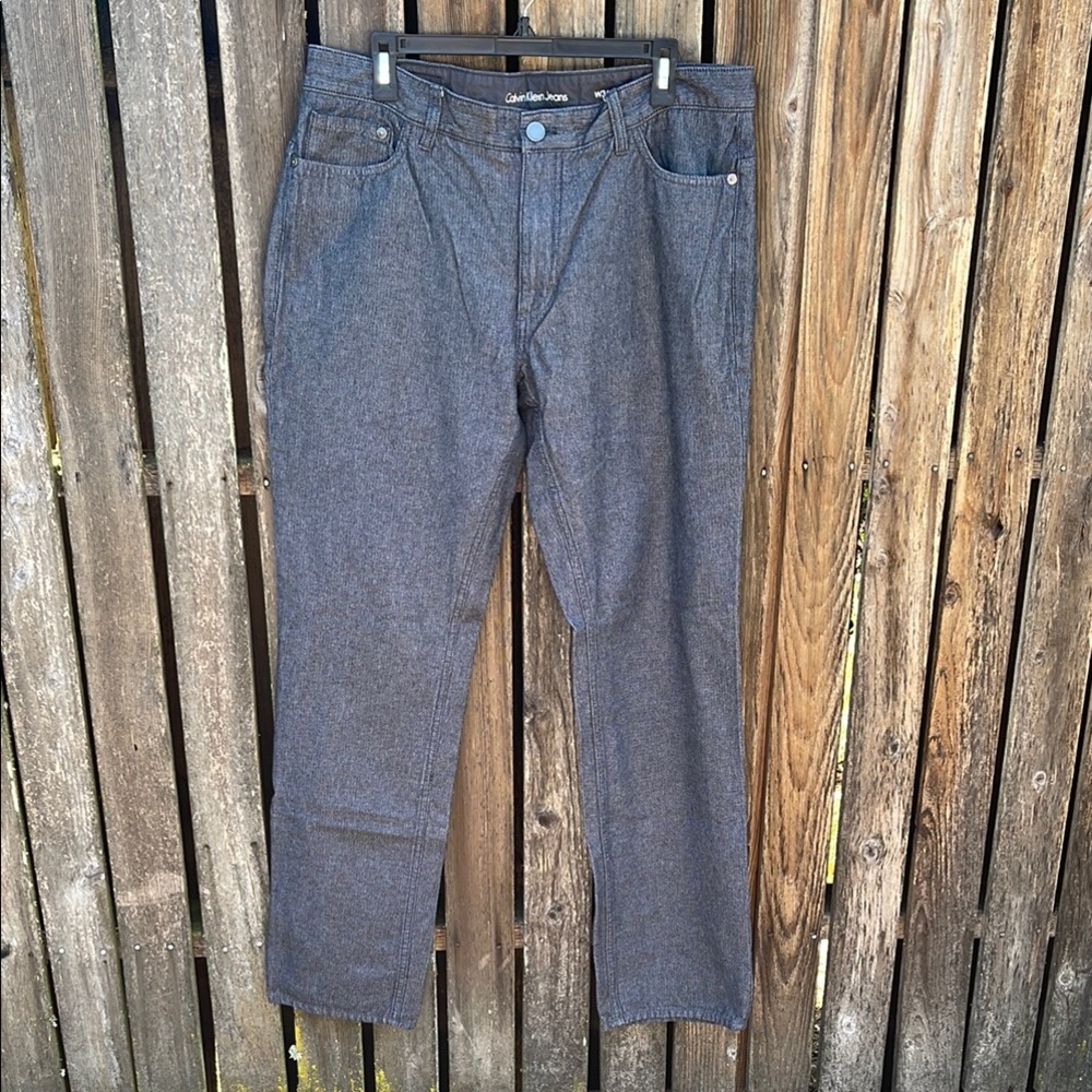 Calvin Klein 36 x 34 Mens Gray Charcoal Pants Straight Leg Cotton Herringbone CK